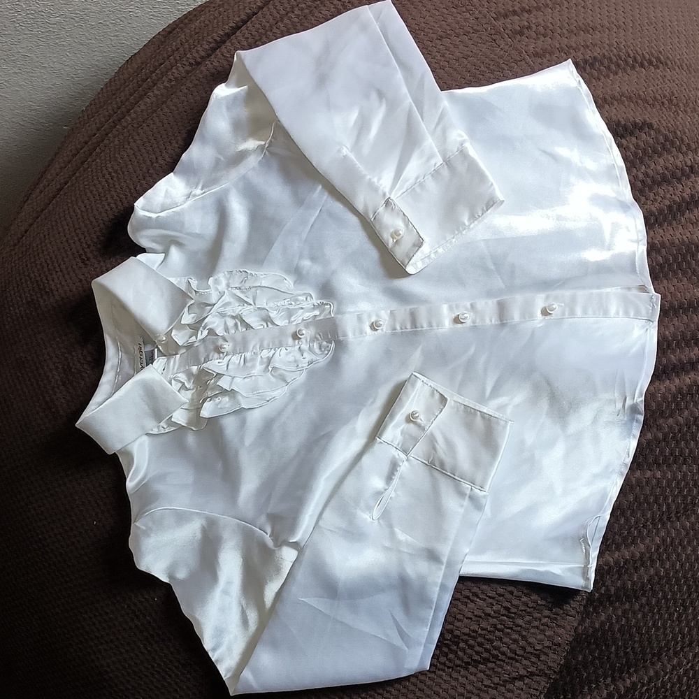Shiny White Ruffled Button Down Blouse